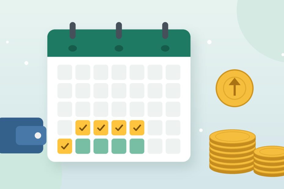 Ilustração de calendário com dias de pagamento marcados ao lado de moedas e uma carteira, representando o calendário do INSS