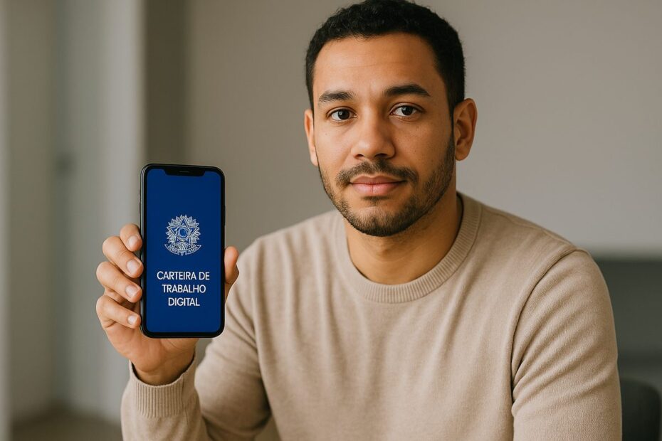 Homem segurando um celular com a Carteira de Trabalho Digital
