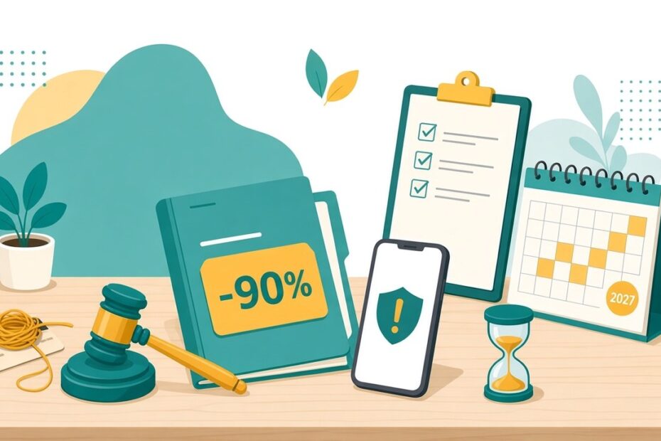 Ilustração com martelo de leilão, pasta com desconto de 90%, cartão de crédito, ampulheta e calendário de 2027