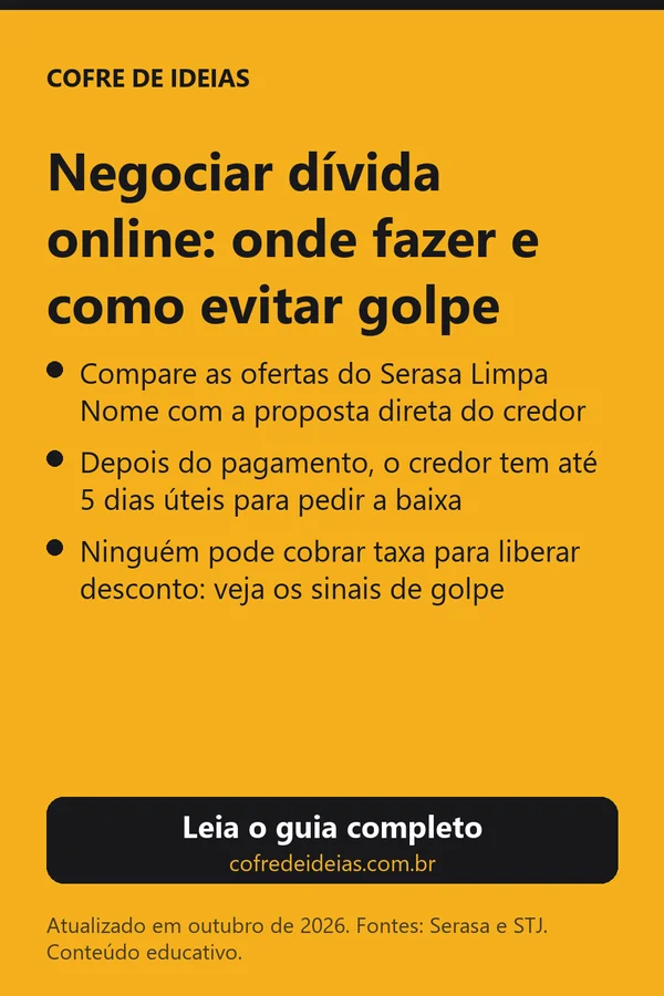 Resumo visual do guia: negociar dívida online, onde fazer e como evitar golpe