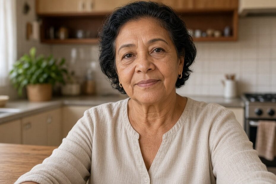Aposentada em casa segurando o celular para fazer a prova de vida por reconhecimento facial no Meu INSS