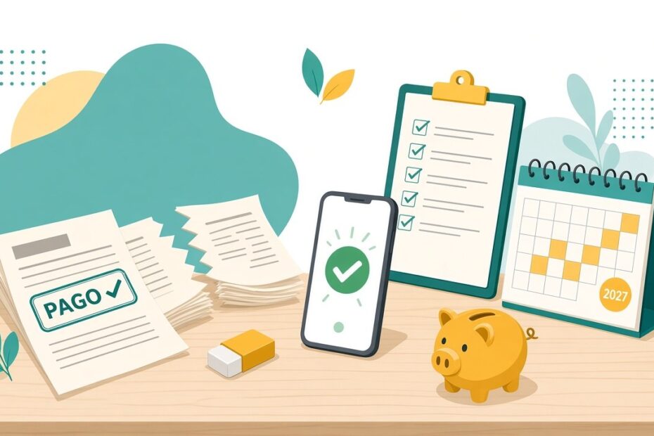 Ilustração de boletos de DAS com selo de pago, celular com check e calendário de 2027
