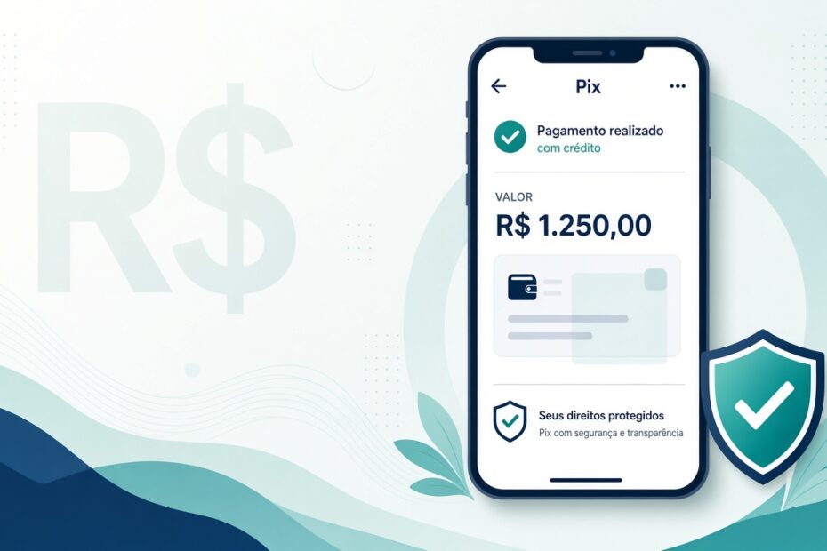 Ilustração de celular com Pix no crédito e proteção ao consumidor