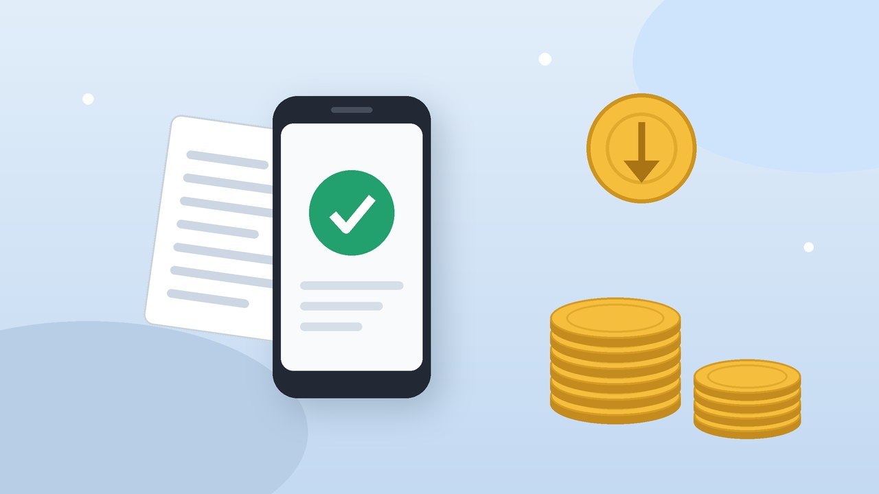 Ilustração de celular com sinal de confirmação, documento da declaração e moedas, representando a restituição do Imposto de Renda depositada